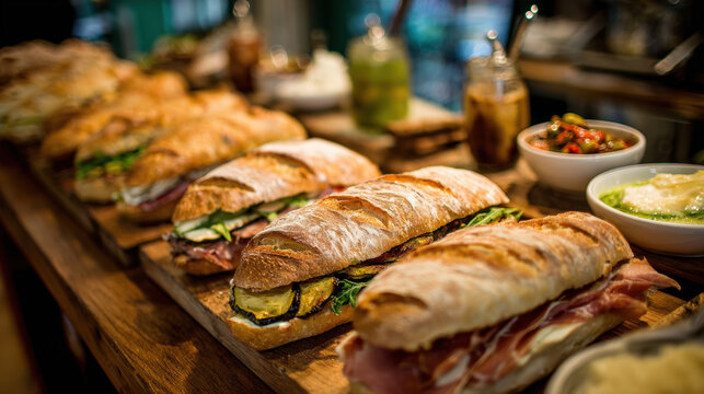 baguette sandwiches with various fillings, including prosciutto, roast vegetables, and cream cheese, displayed on a wooden counter with accompanying sides in bowls and jars