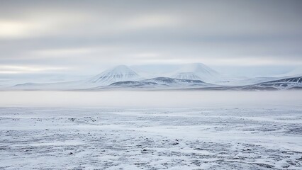 Snowy Mountain Landscape with Mist and Cloudy Sky