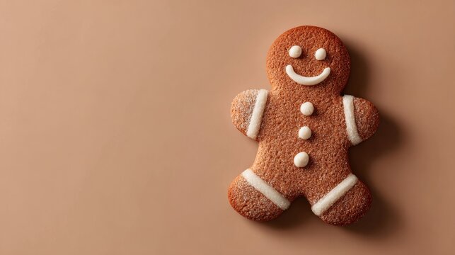 Freshly baked gingerbread cookie with a smiling face on a neutral background - Powered by Adobe