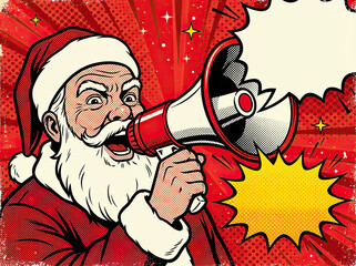 Santa claus with a megaphone making an announcement in a vibrant pop art style