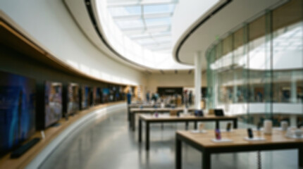 Modern technology store interior with natural light and display tables