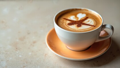 Cappucino art with airplane motif in white cup and saucer. Enjoy hot coffee drink with sweet foam topping on table. Perfect for travel lifestyle, cafes and breakfast.