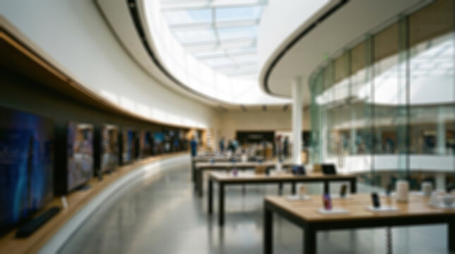 Modern technology store interior with natural light and display tables