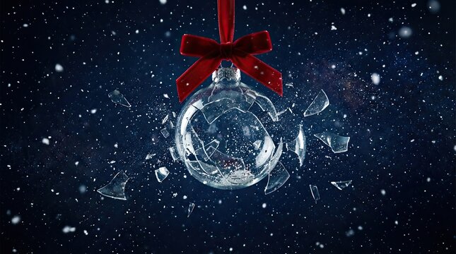 Shattered Christmas ornament with flying glass pieces and snowflakes on a dark background