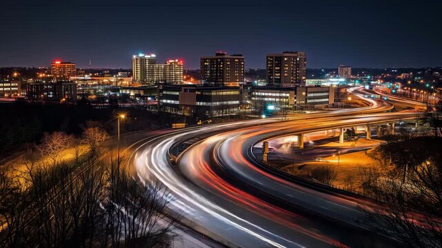 光が織りなす湾曲する夜の都市道路