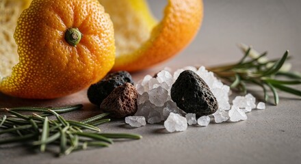 Fresh cooking ingredients with citrus peel, coarse salt and herbs in warm photographic style, gourmet preparation