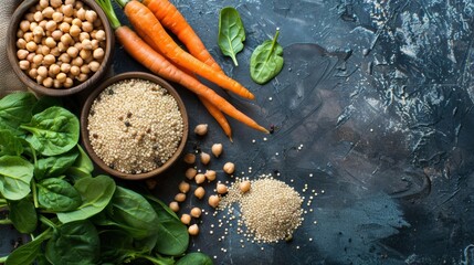 A nutrient-rich composition featuring fresh spinach, whole carrots, and bowls of chickpeas and quinoa on a dark, textured background. Emphasizing plant-based protein and healthy eating