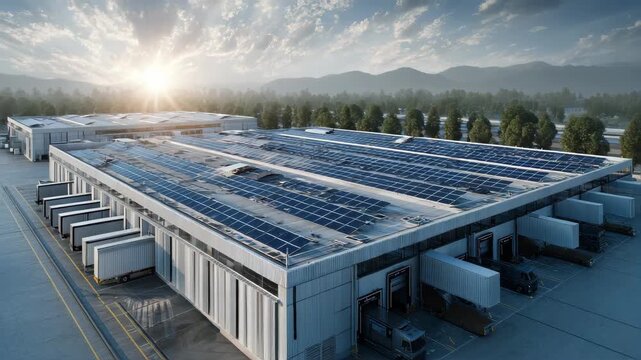 Modern industrial warehouse with solar panels on the roof, sustainable energy and eco-friendly logistics concept