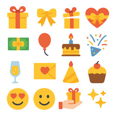 Celebration Elements: A vibrant illustration showcasing a collection of festive icons, encompassing gifts, balloons, cake, and more, perfect for celebratory themes.