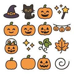 Halloween Icons and Elements: A colorful arrangement of spooky Halloween icons and elements, including pumpkins, witch hat, black cat, and stars. Perfect for creating fun holiday designs!