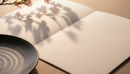 Elegant open blank menu template in warm photographic style, beige and soft shadow colors, restaurant branding concept with space to copy