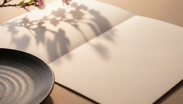 Elegant open blank menu template in warm photographic style, beige and soft shadow colors, restaurant branding concept with space to copy