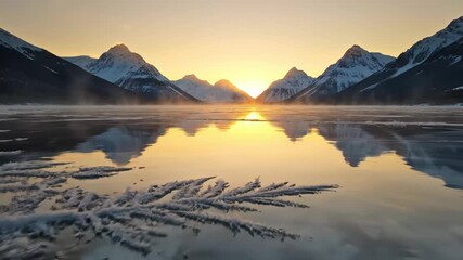 Golden sunrise over a frozen lake surrounded by snow-capped mountains reflecting in icy water for a winter wilderness concept and tranquil natural beauty - Powered by Adobe