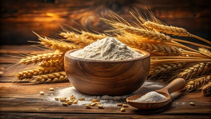 A wooden bowl overflowing with golden ripe wheat and fragrant flour