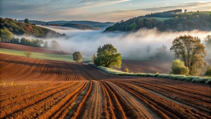 Misty morning landscape unfolds in a vast, recently plowed field surrounded by rolling hills shrouded in fog