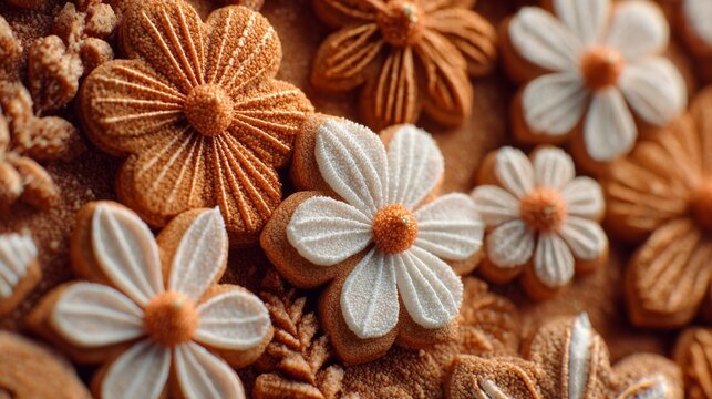 Beautifully crafted flower-shaped cookies displayed on a rustic wooden surface with intricate details and vibrant colors