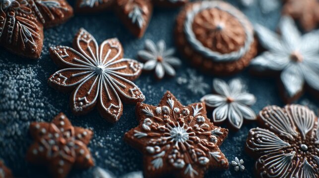Beautifully decorated gingerbread cookies arranged on a snowy surface ready for holiday festivities and celebrations