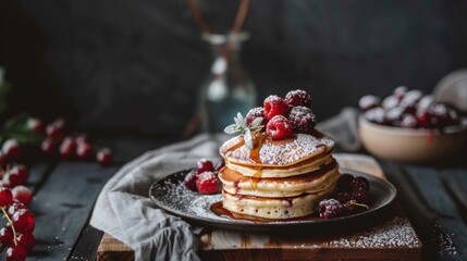 A tempting stack of pancakes drizzled with syrup, topped with fresh raspberries and powdered sugar, set on a dark wooden table. A classic, indulgent breakfast or dessert