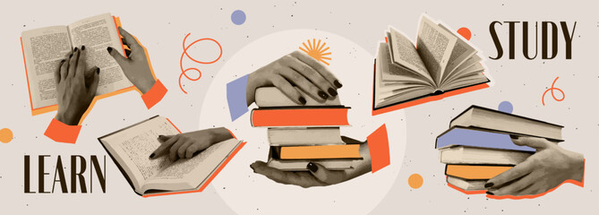 Trendy Halftone Collage. Stickers with realistic black and white human hands holding books. Love of reading and literature. Abstract vector illustration collection