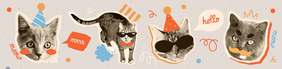 Trendy Halftone Collage. Pop art stickers with cute fluffy cats portraits wearing hats, glasses, and bow ties. Realistic animals. Abstract vector illustration collection