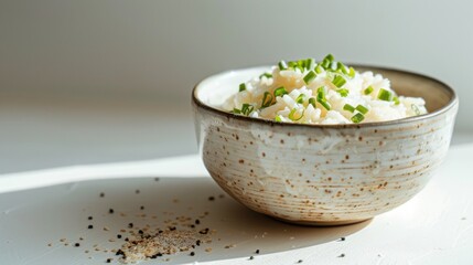 A ceramic bowl of cooked white rice topped with freshly sliced green onions, set on a bright white surface with spices scattered below, emphasizing fresh, simple ingredients