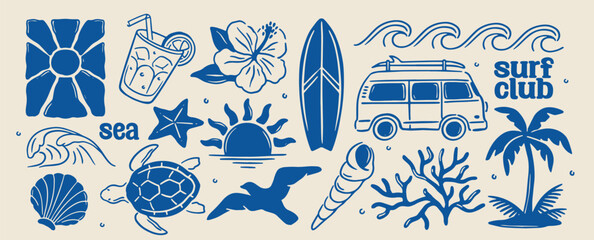 Set of tropical bold stickers. Hand drawn icons of surfboard, turtle, camper van, rough sea waves, palm tree, cocktail and setting sun. Flat vector illustration collection © Aleksey