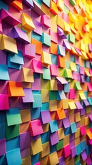 Vibrant sticky notes cascade across a colorful wall, each one radiating joy, excitement, or serene contemplation