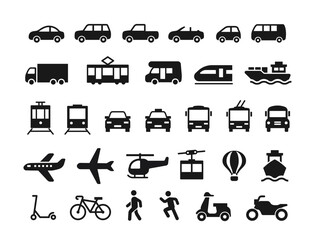 Vehicle icon set. Simple symbols with cars, buses, trains, ships, airplanes, helicopters, bicycles and motorbikes. Means of transportation. Flat vector illustration collection © Aleksey