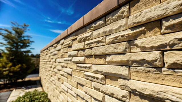 Warm beige sandstone brick wall with horizontal texture in a rustic outdoor setting