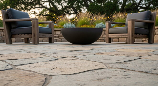 Modern outdoor patio with natural flagstone, comfortable chairs, and a fire pit, creating a cozy and inviting backyard living space.
