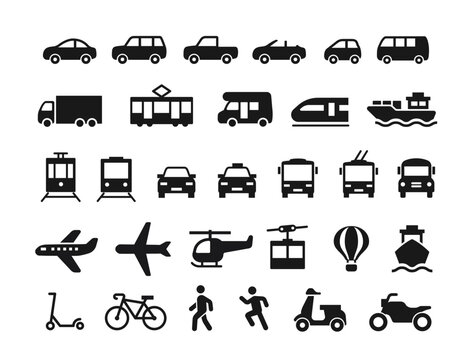Vehicle icon set. Simple symbols with cars, buses, trains, ships, airplanes, helicopters, bicycles and motorbikes. Means of transportation. Flat vector illustration collection