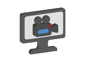 Simple 3D illustration of a video camera icon on a computer monitor screen