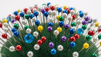 Vibrant sewing pins in a cushion, perfect for crafting projects, stylish design elements, and creative DIY concepts, bright and colorful