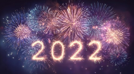 Fireworks display celebrating the arrival of New Year 2022 with vibrant colors in the night sky