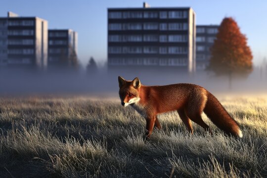 Red fox strolling through frosted urban field on a foggy morning, realistic 3D render