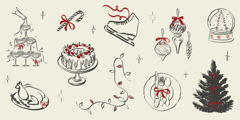 Hand-drawn party doodles featuring Christmas dinner table with bows, festive food illustrations, champagne glasses, and vintage holiday menu design elements