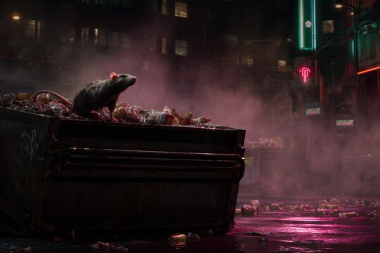Rat perched on an overflowing dumpster in a dark urban alley, cinematic 3D render