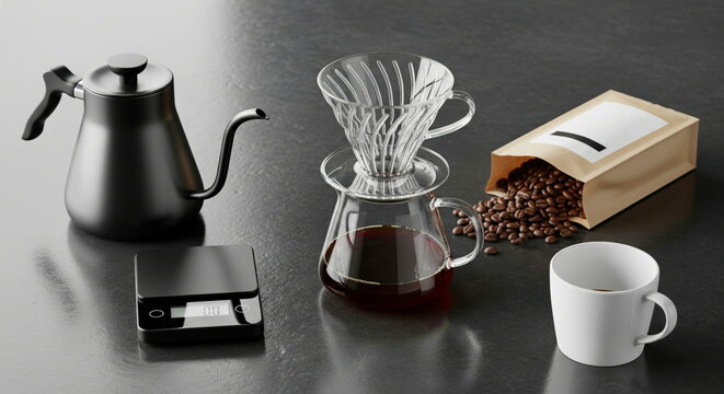 Essentials for crafting pour-over coffee: elegant gooseneck kettle, dripper, fresh beans, and a digital scale on a sleek dark counter.