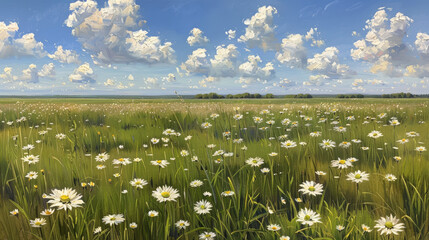 Daisy field under blue sky with puffy clouds