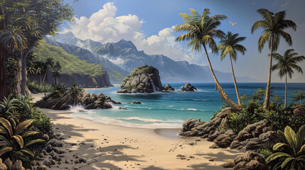 Tropical beach with palm trees and rocky coastline