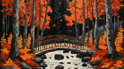 Autumn Forest Bridge over Stream
