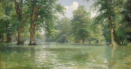 Flooded Forest with Calm Green Water
