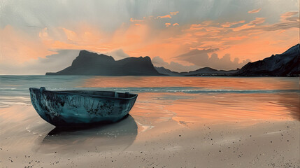 Sunset boat on calm beach with mountains