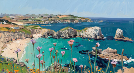 Coastal Cliffs Bay with Wildflowers
