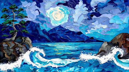 Blue seascape with moonlit waves and rocky shoreline