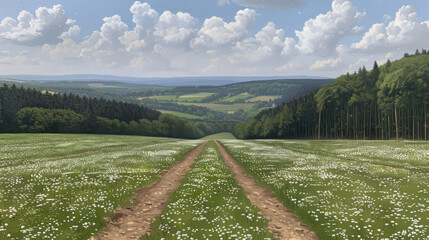 Dirt path through a field of white flowers with forested hills