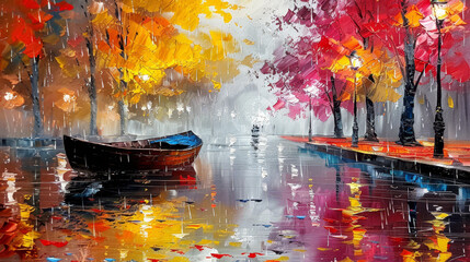 Autumn Canal with Boats and Colorful Trees
