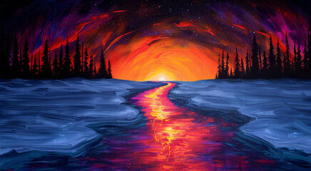 Fiery Sunset Over Frozen River
