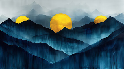 Blue mountain landscape with yellow sun illustration