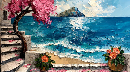 Mediterranean Coastal Stairway with Flowers
